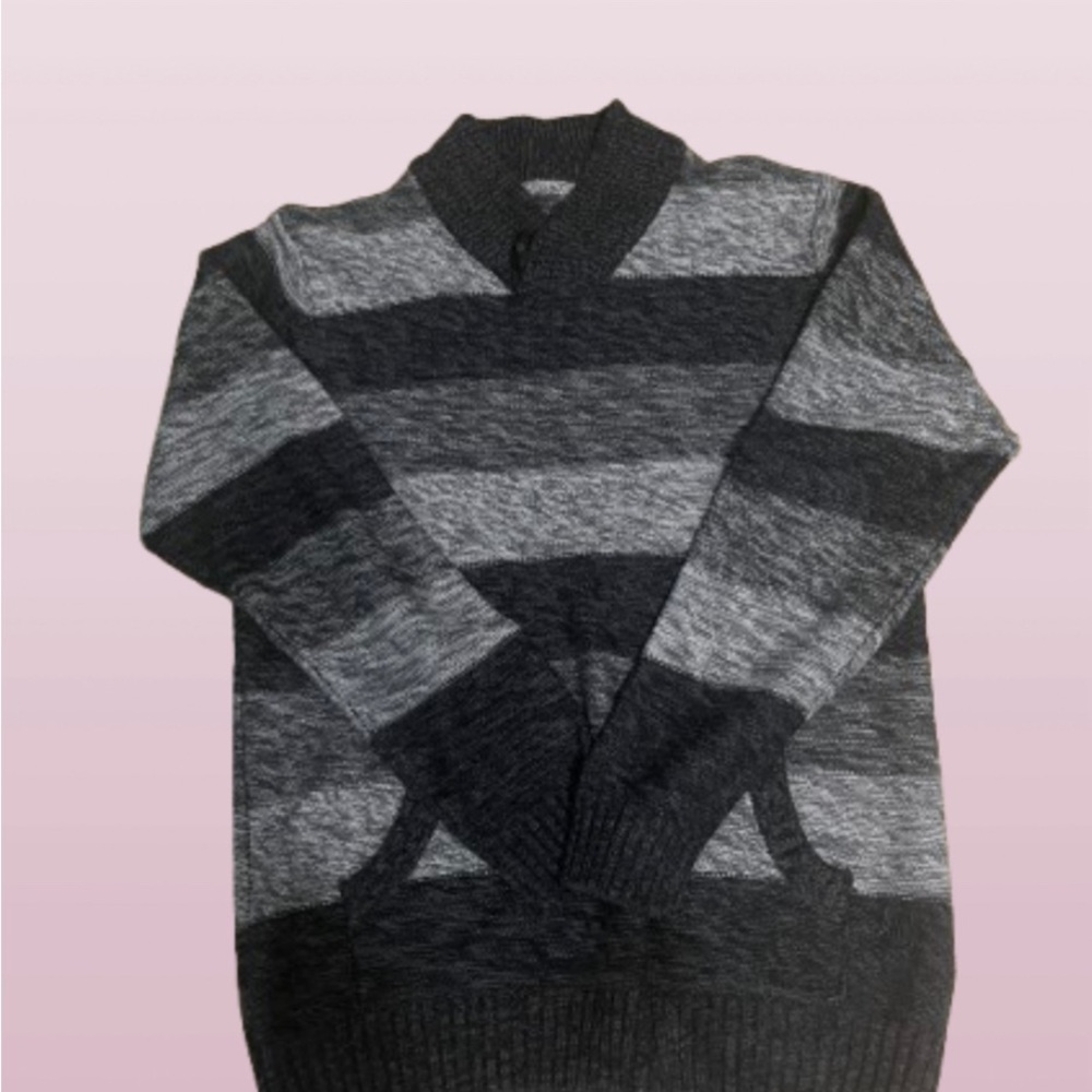 Men's V-Neck Striped Sweater - Gray and Black